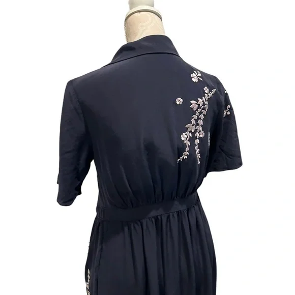 Cinq a Sept Silk Button Blue Dress Embroidered Floral Rose Pink Pockets Small 4 - Picture 6 of 16